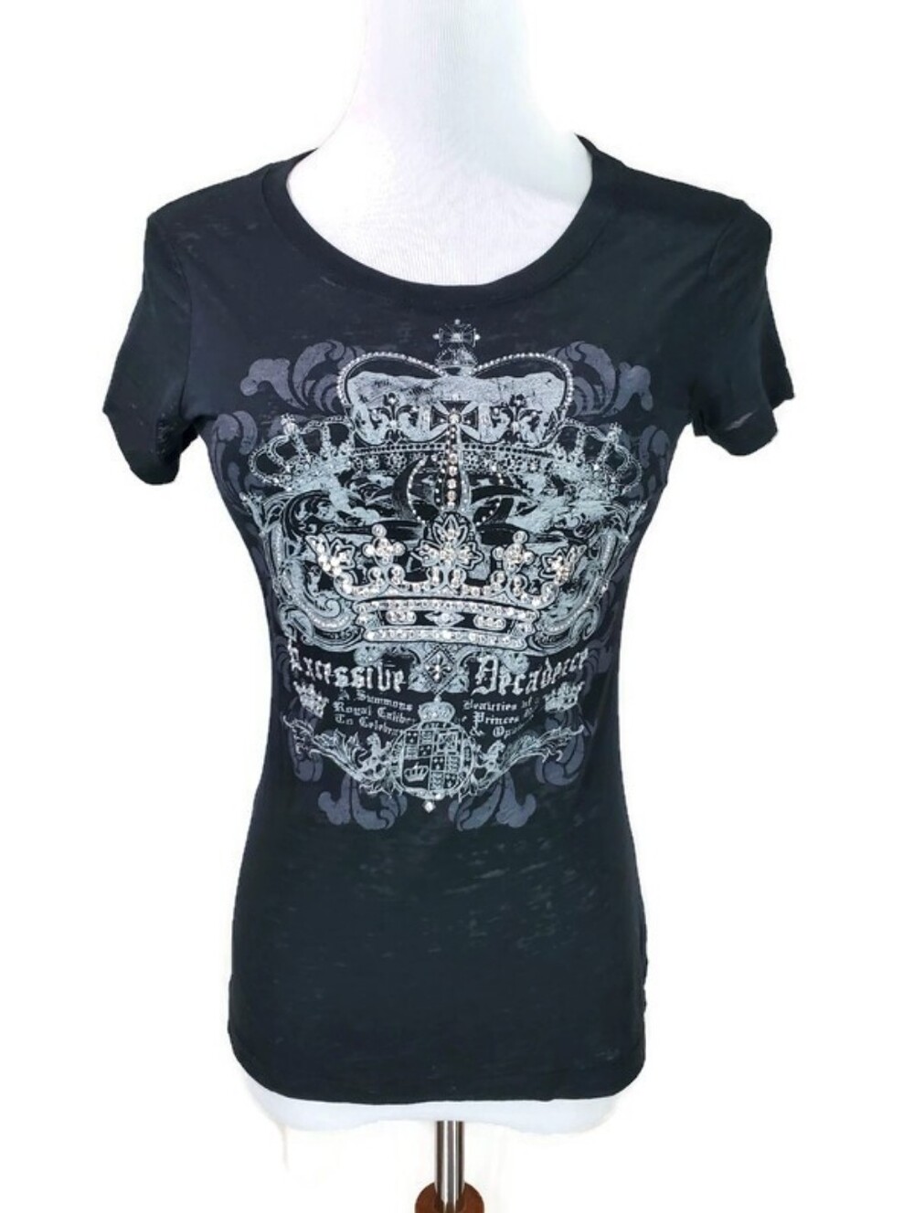 Express Crown Sequins Studs Y2K Burnout T-Shirt Size XSmall Black Gray Vintage